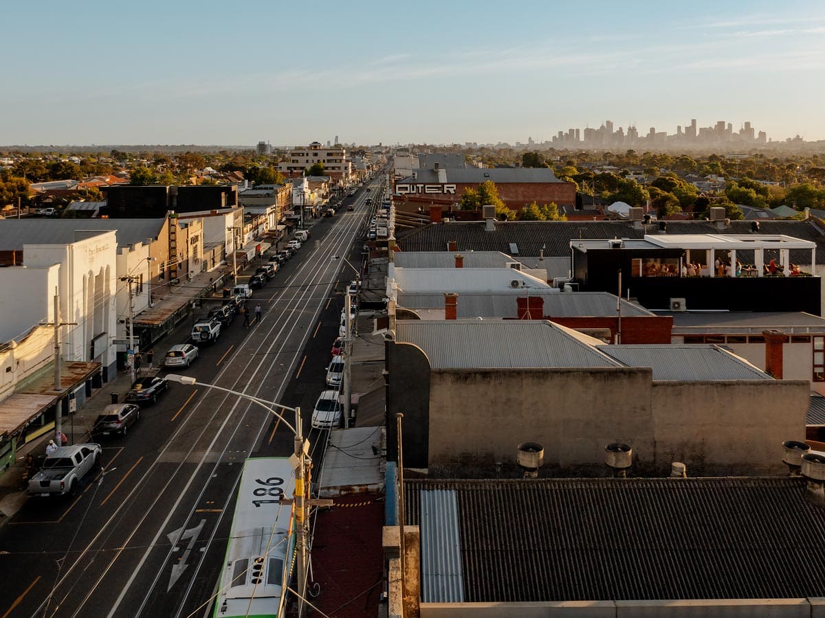 Aerial view of High Street, Northcote in Melbourne's Inner North