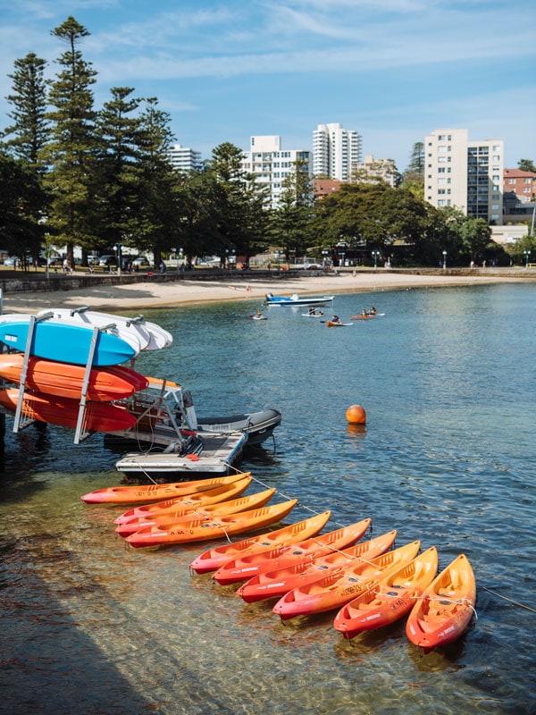 kayaks lined up on the shore in Manly