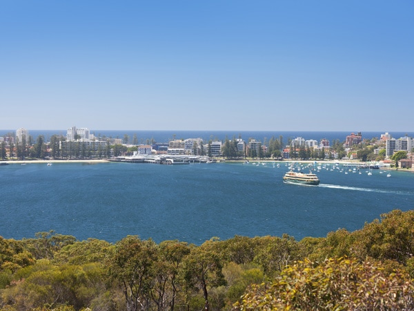 an aerial view of Manly Cove from the Manly to Spit Walk in Sydney Harbour National Park