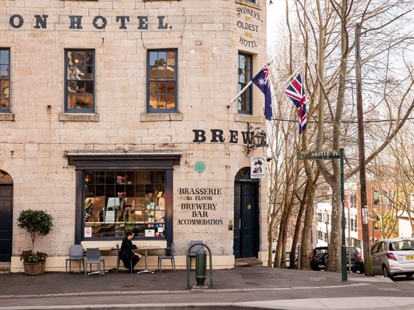 the exterior of The Lord Nelson Brewery Hotel, Australia's oldest brewery hotel located in The Rocks