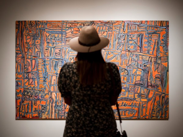 a woman admiring an artwork on display at Araluen Arts Centre