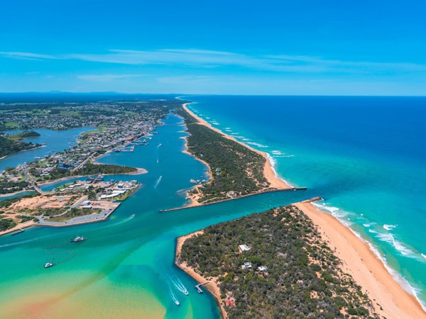 an aerial view of Gippsland lakes
