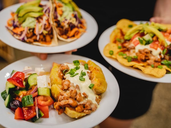 three plates of food at The Happy Frog, Coffs Harbour