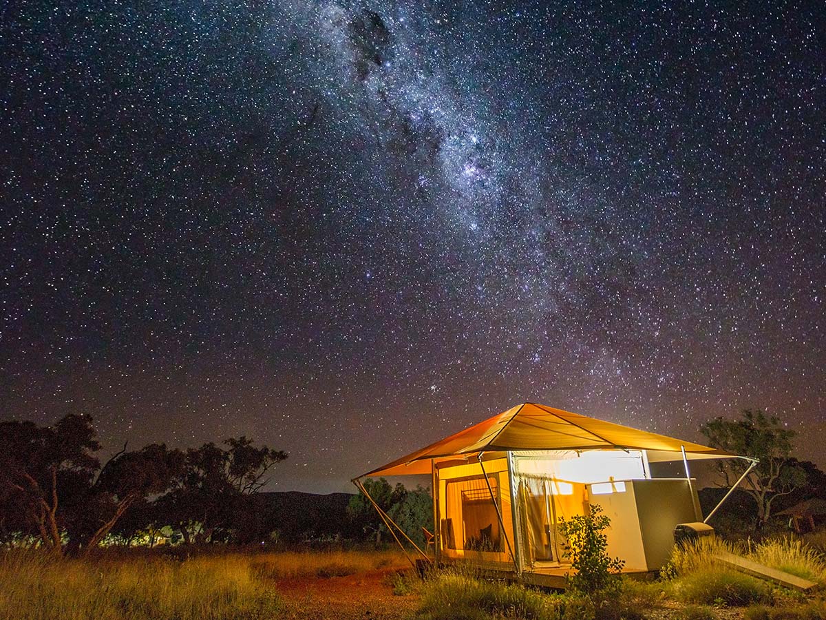 starry night sky above Karijini Eco Retreat safari tent on an AAT Kings Western Australia tours