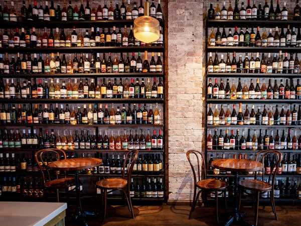 an extensive wine display at Officina Gastronomica Italiana, Melbourne