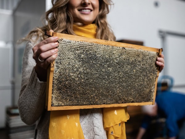 a beekeeper holds eaten honeycombs in Kangaroo Island