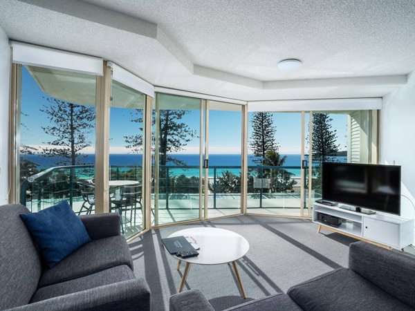 the two-bedroom room with floor-to-ceiling windows overlooking the sea at Landmark Resort and Spa, Mooloolaba