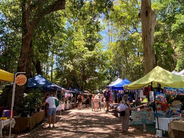 the market stalls under the trees at Bellingen Community Markets, Coffs Harbour