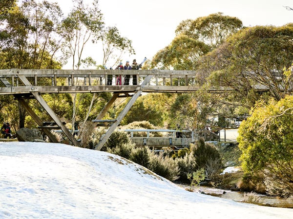 Family standing on bridge looking over valley in Thredbo