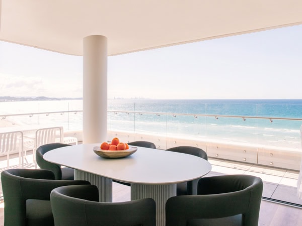 the dining table on the private balcony with ocean views, Kirra Point