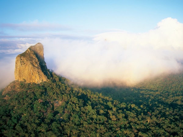 an aerial view of the Glass House Mountains