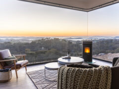 the accommodation interior with fireplace of Sierra Escape, Mudgee, NSW