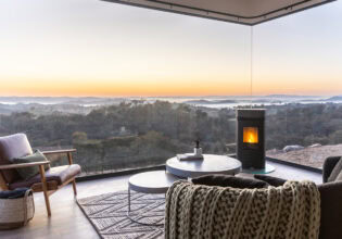 the accommodation interior with fireplace of Sierra Escape, Mudgee, NSW