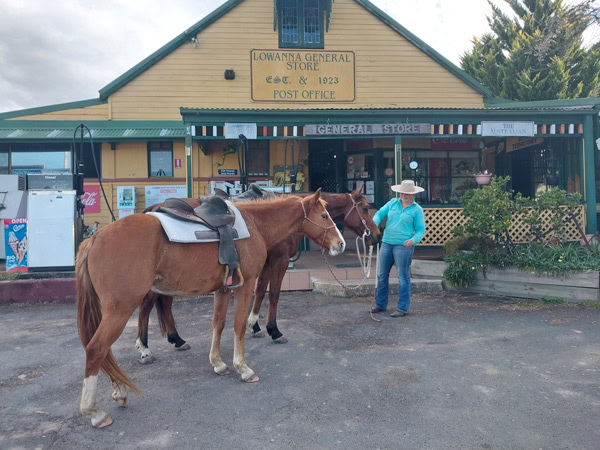 two horses in front of Lowanna General Store
