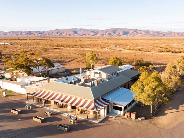 an aerial view of the Prairie Hotel in the Flinders Ranges