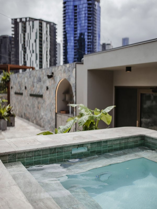 The mineral pools on the rooftop of Soak Bathhouse in Brisbane