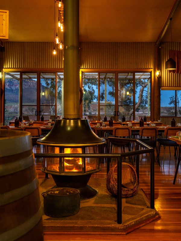 the fireplace inside the dining of Woolshed Restaurant, Rawnsley Park Station