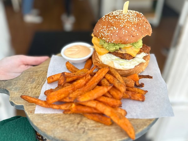 burger and fries at Fourth Chapter cafe, Prahran
