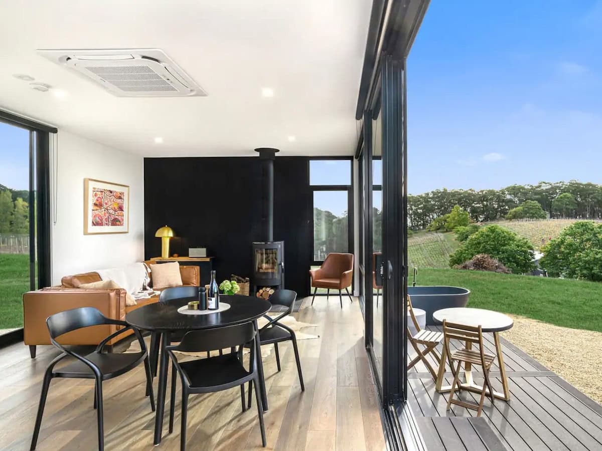 the interior of Espira Airbnb in Adelaide Hills with floor-to-ceiling windows