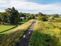 Aerial view of cyclers on the Northern Rivers Rail Trail