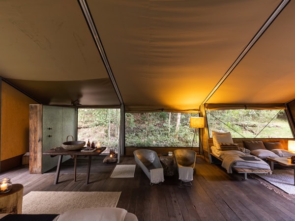 a look inside the glamping tent at Nightfall, Qld