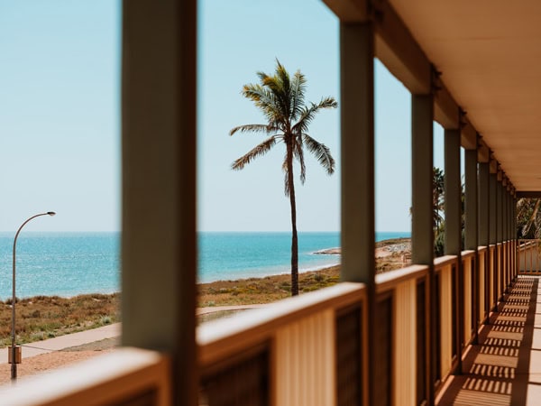 The verandah of the Hedlund Hotel offers views of the Indian Ocean