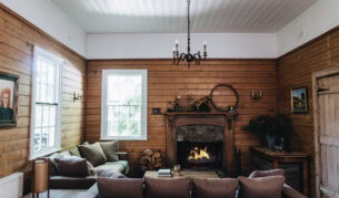 lounge room and fireplace at Poet's Lodge, Daylesford VIC