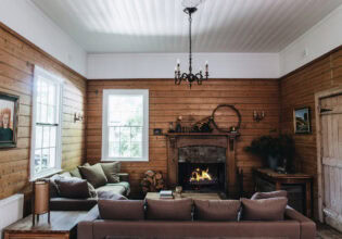 lounge room and fireplace at Poet's Lodge, Daylesford VIC