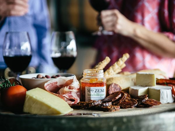 wine and cheese platter at Zema Estate