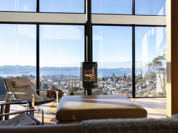 floor-to-ceiling views of the city from Glass Holme, Hobart