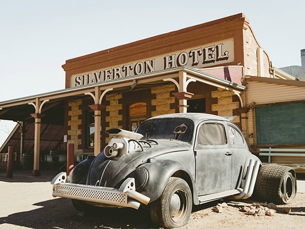 A Volkswagon beetle pays homage to the Mad Max V8 interceptor outside the Silverton Hotel, Silverton.