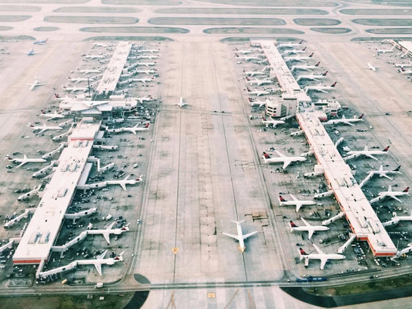 Aerial shot of planes at an airport