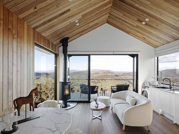 Clean living room with a view in an aussie tiny town airbnb