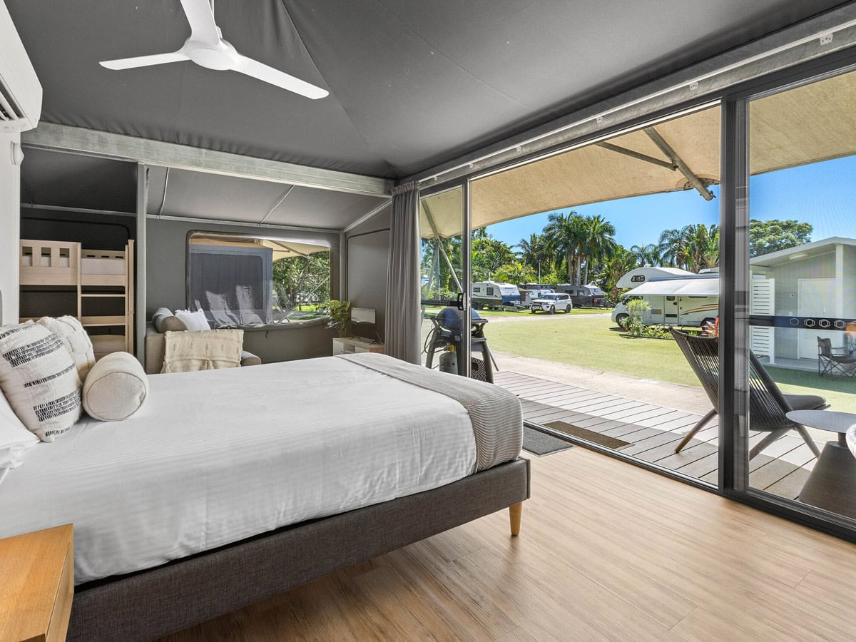 the glamping tent at Tasman Holiday Park Airlie Beach