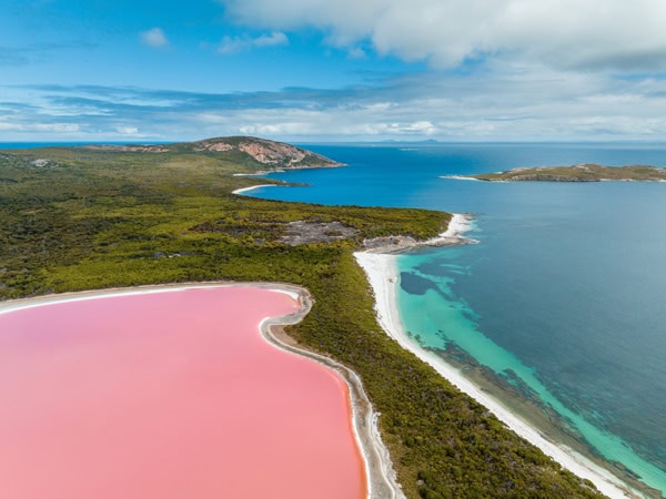 an aerial view of Lake Hillier, Middle Island, WA