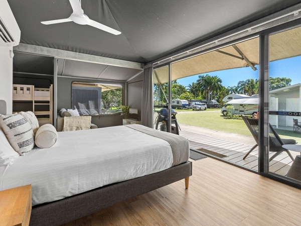 the glamping tent at Tasman Holiday Park Airlie Beach