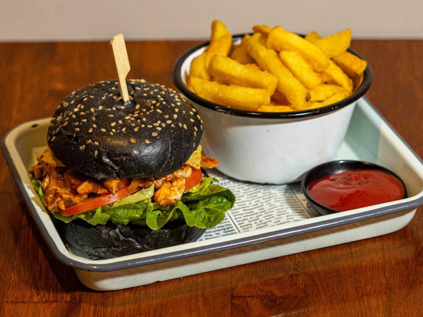 burger and fries at The Transcontinental Hotel, Brisbane