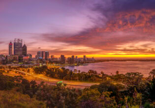 View of the Perth City Skyline at dusk from Kings Park and Botanic Garden