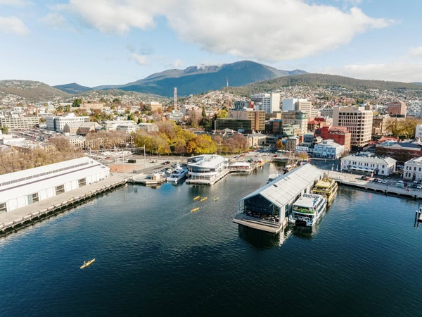 an aerial view of the harbour in Hobart