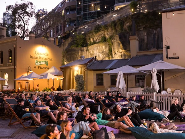 people sitting in deckchairs at the Laneway Cinema at The Rocks, Sydney, NSW