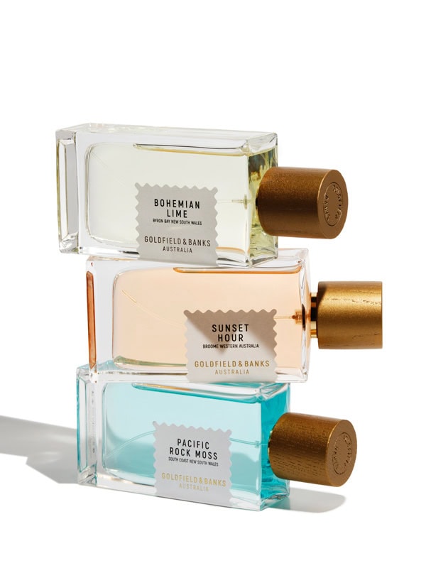 Three perfumes including Pacific Rock Moss, Bohemian Lime, Sunet Hour.