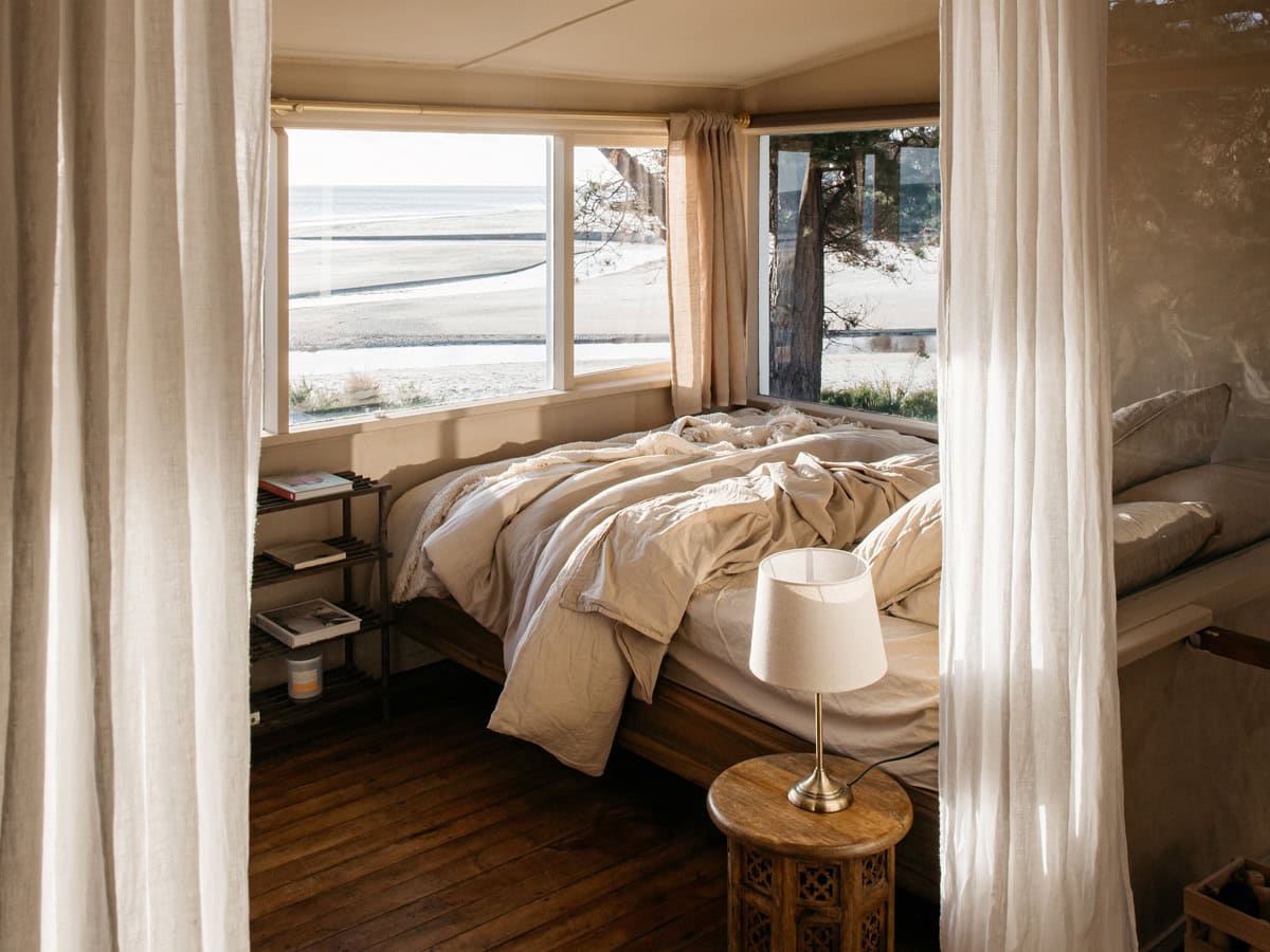 Inside the bedroom of Arku House in Tasmania