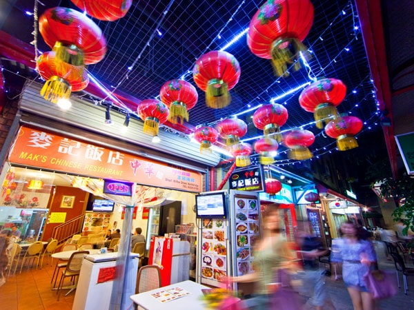 red lanterns dangle from above Chinatown, Perth