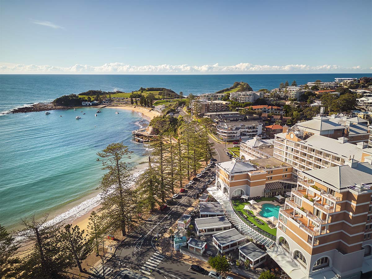 aerial shot of Crowne plaza terrigal beach