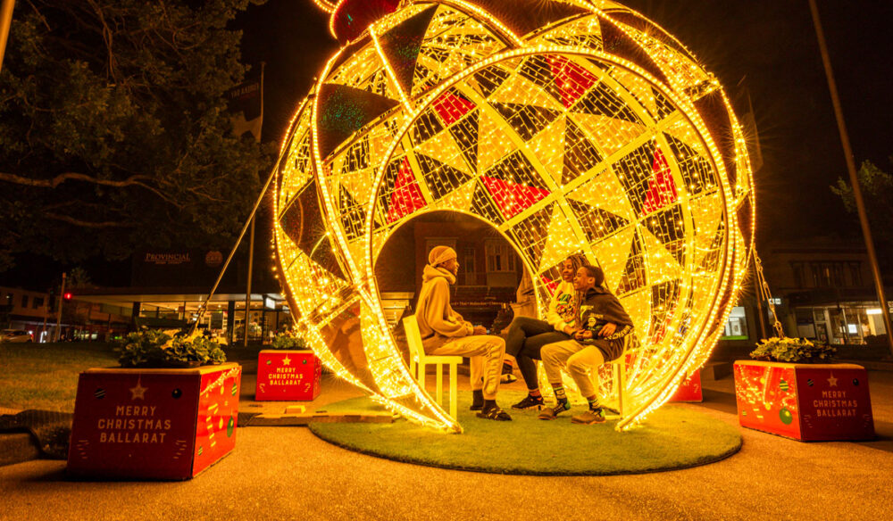 people sitting inside a huge Christmas ball in Ballarat