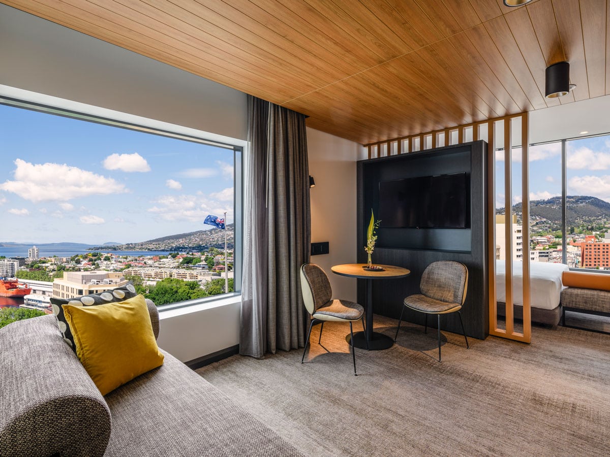 a huge window overlooking the city at Mövenpick Hotel Hobart