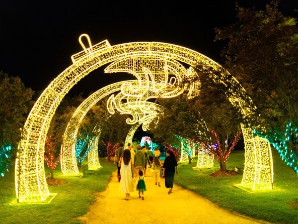 a family walking under a garden arch with vibrant lights in Hunter Valley