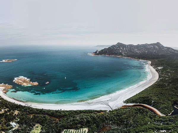 Aerial view of Killiecrankie Bay on Flinders Island