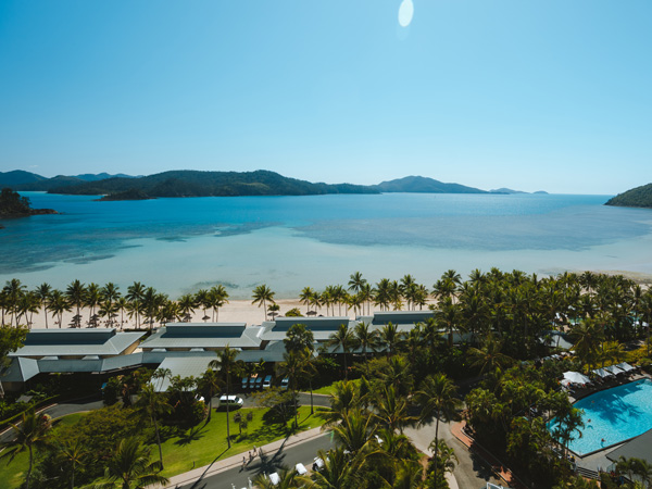 an aerial view of the Catseye Beach from Reef View Hotel, Hamilton Island