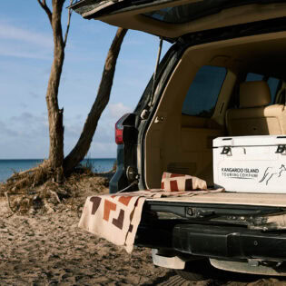 An esky in the back of a vehicle by the beach on tour with Kangaroo Island Touring Company.